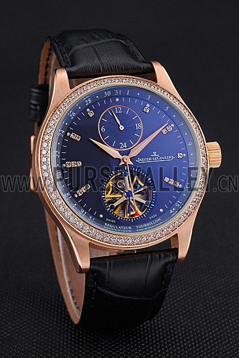 Jaeger-LeCoultre Master Tourbillon Dualtime Black Dial Gold Case With Diamonds Brown Leather Strap 622783