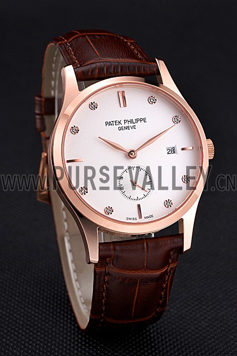 Patek Philippe Calatrava White Dial Diamond Numerals Rose Gold Case Brown Leather Strap 622834