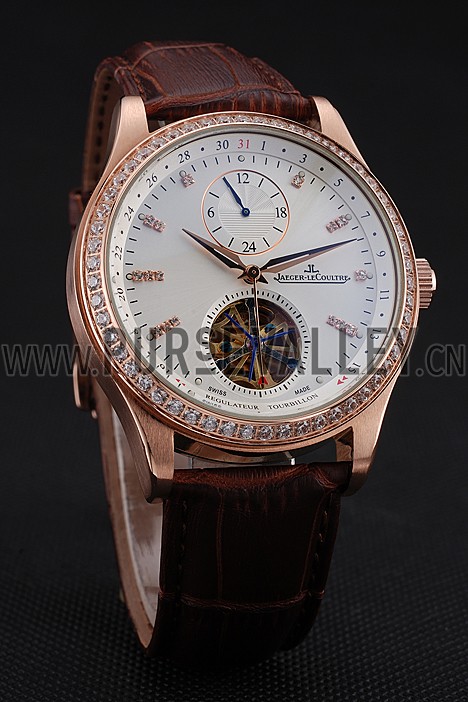 Jaeger-LeCoultre Master Tourbillon Dualtime White Dial Gold Case With Diamonds Brown Leather Strap 622782