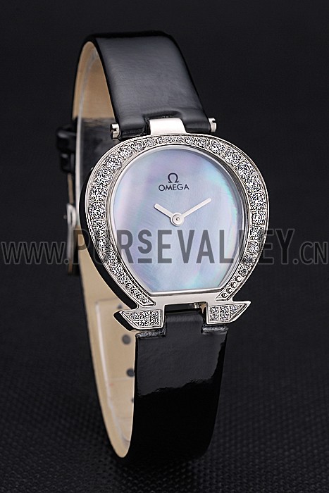 Omega Ladies Watch Pearl Dial Stainless Steel Case With Diamonds Black Leather Strap 622828