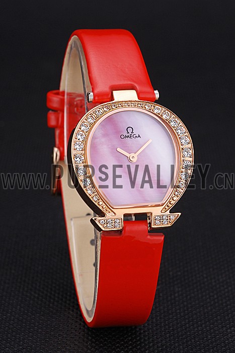 Omega Ladies Watch Pink Dial Gold Case With Diamonds Red Leather Strap 622831