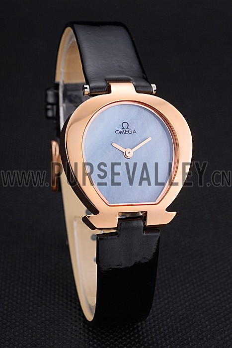 Omega Ladies Watch Sky Blue Dial Gold Case Black Leather Strap 622821