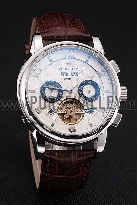 Patek Philippe Classic Tourbillon Power Reserve Black And White Dial Stainless Steel Case Brown Leather Strap