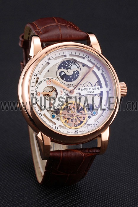 Patek Philippe Dual Time Moonphase Tourbillon White Skeletonised Dial Rose Gold Case Brown Leather Strap