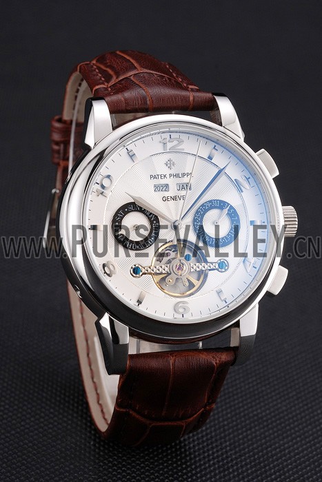 Patek Philippe Perpetual Calendar Tourbillon White Dial Stainless Steel Case Brown Leather Strap