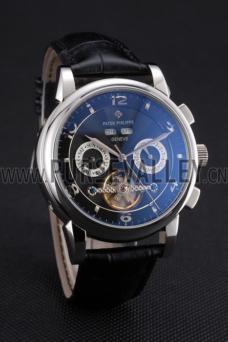 Patek Philippe Perpetual Calendar Tourbillon Black Dial Stainless Steel Case Brown Leather Strap