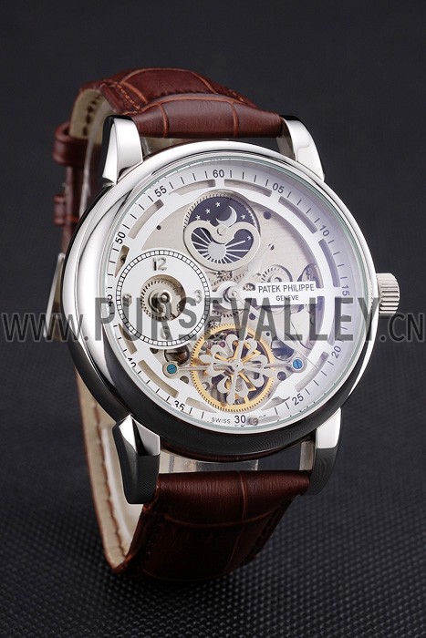 Patek Philippe Dual Time Moonphase Tourbillon White Skeletonised Dial Stainless Steel Case Brown Leather Strap