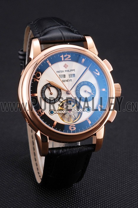Patek Philippe Perpetual Calendar Tourbillon Two Tone Dial Rose Gold Case Black Leather Strap
