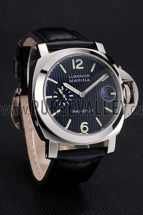 Panerai Luminor Marina Date Black Hobnail Pattern Dial Stainless Steel Case Black Leather Strap
