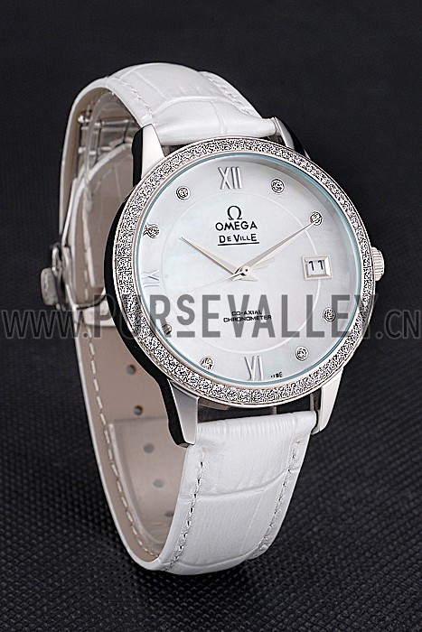 Omega DeVille Prestige Co-Axial Diamond Silver Case Mother-Of-Pearl Dial White Leather Strap