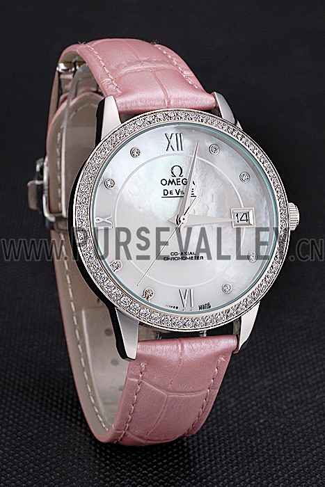 Omega DeVille Prestige Co-Axial Diamond Silver Case Mother-Of-Pearl Dial Pink Leather Strap