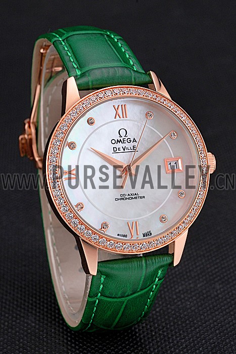 Omega DeVille Prestige Co-Axial Diamond Gold Case Mother-Of-Pearl Dial Green Leather Strap