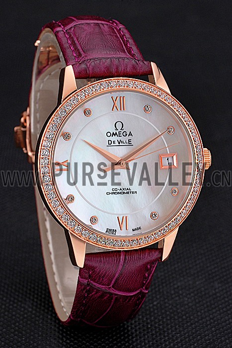 Omega DeVille Prestige Co-Axial Diamond Gold Case Mother-Of-Pearl Dial Purple Leather Strap