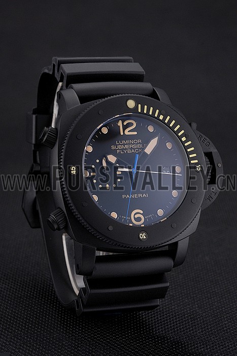 Panerai Luminor Submersible Flyback Date Black Dial Yellow Markings Black Ionized Case Black Rubber Strap