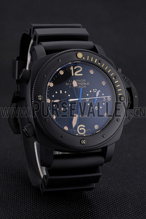 Panerai Luminor Submersible Flyback GMT Black Dial Yellow Markings Black Ionized Case Black Rubber Strap