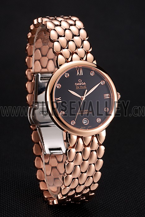Omega De Ville Prestige Black Dial With Diamonds Rose Gold Case And Bracelet