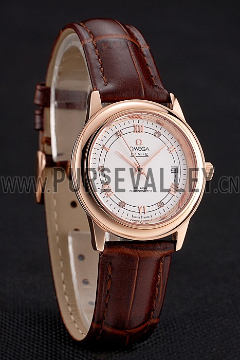 Omega De Ville Prestige Ladies White Dial Rose Gold Case Brown Leather Strap