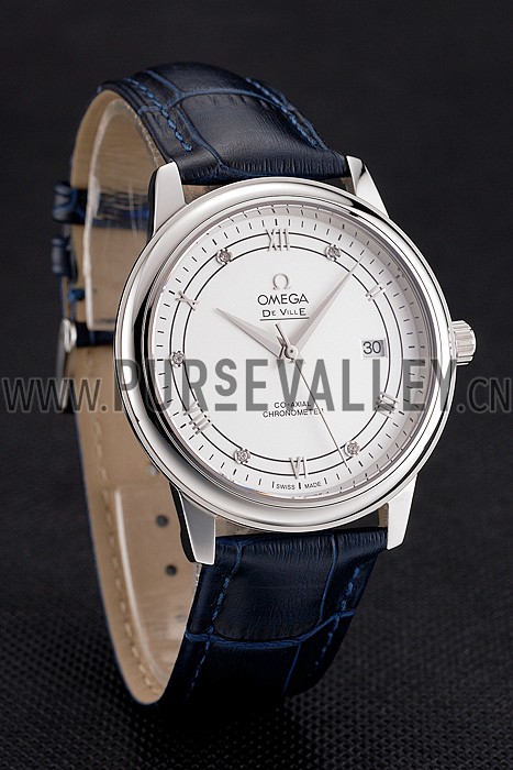 Omega De Ville Prestige White Dial Stainless Steel Case Blue Leather Strap