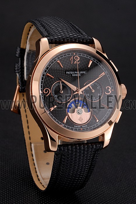 Patek Philippe Chronograph Black Guilloche Dial Rose Gold Case Black Leather Strap
