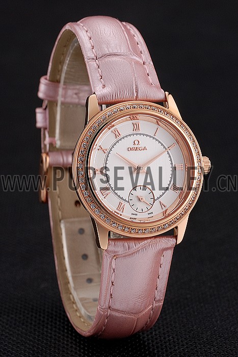 Omega De Ville Prestige Small Seconds White Dial Diamond Bezel Rose Gold Case Pink Leather Strap