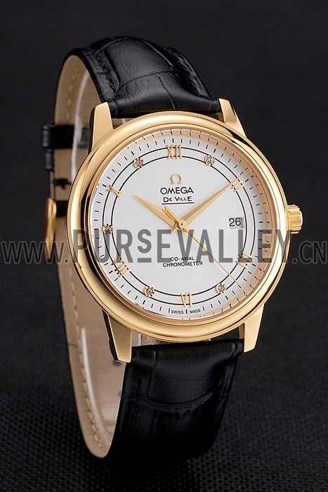Omega De Ville Prestige White Dial Gold Case Black Leather Strap