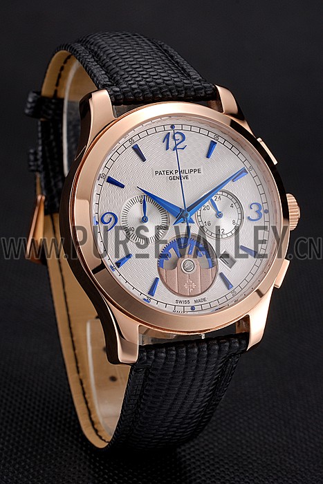 Patek Philippe Chronograph White Guilloche Dial Rose Gold Case Black Leather Strap