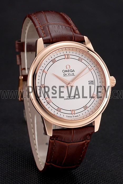 Omega De Ville Prestige White Dial Rose Gold Case Brown Leather Strap