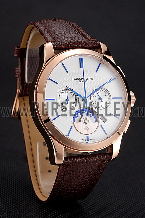 Patek Philippe Chronograph White Dial Rose Gold Case Brown Leather Strap
