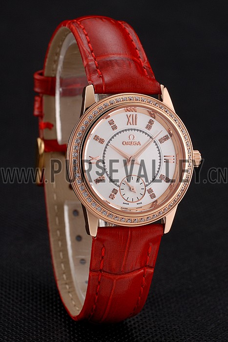 Omega De Ville Prestige Small Seconds White Dial Diamond Bezel Rose Gold Case Red Leather Strap