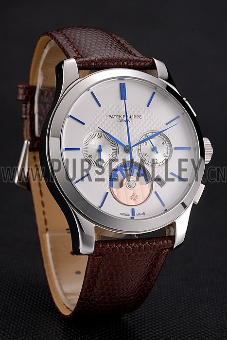 Patek Philippe Chronograph White Dial Blue Hands Stainless Steel Case Brown Leather Strap