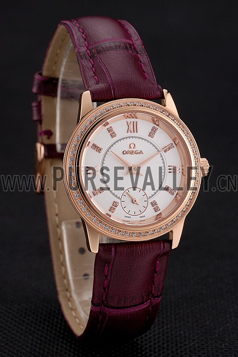 Omega De Ville Prestige Small Seconds White Dial Diamond Bezel Rose Gold Case Purple Leather Strap