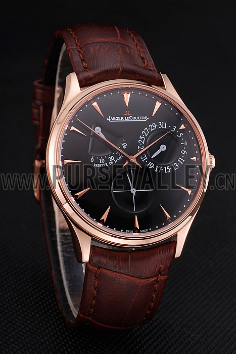 Swiss Jaeger LeCoultre Master Ultra Thin Reserve De Marche Black Dial Rose Gold Case Brown Leather Strap