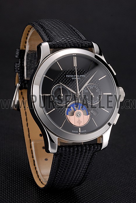 Patek Philippe Chronograph Black Dial Stainless Steel Case Black Leather Strap