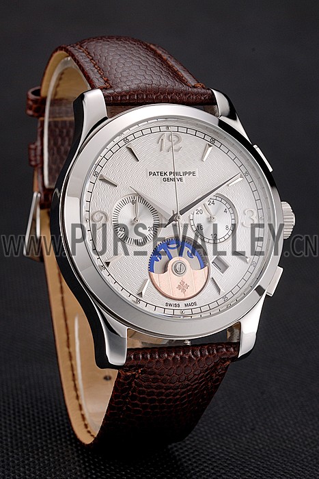 Patek Philippe Chronograph White Guilloche Dial Stainless Steel Case Brown Leather Strap