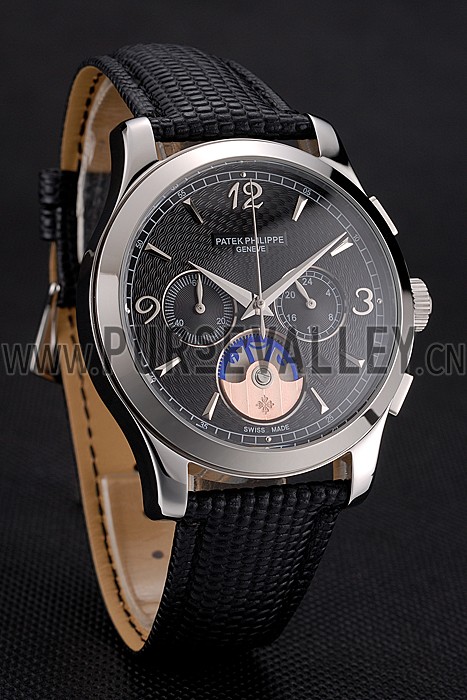 Patek Philippe Chronograph Black Guilloche Dial Stainless Steel Case Black Leather Strap