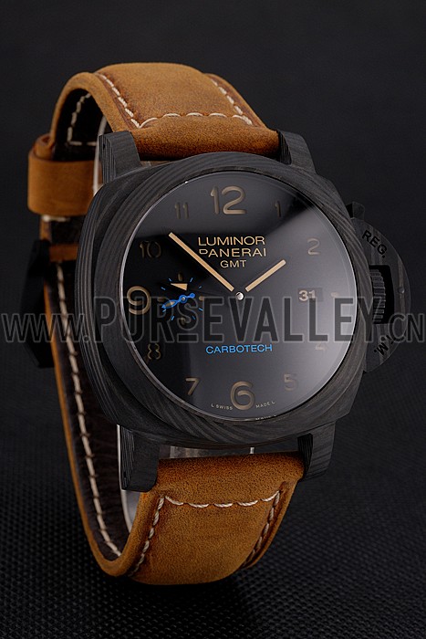 Swiss Panerai Luminor GMT Carbotech Black Dial Black Case Brown Leather Strap