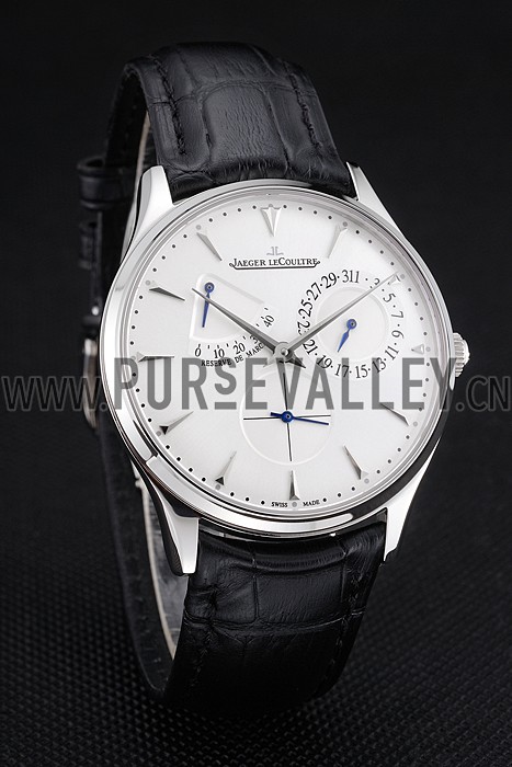 Swiss Jaeger LeCoultre Master Ultra Thin Reserve De Marche White Dial Stainless Steel Case Black Leather Strap