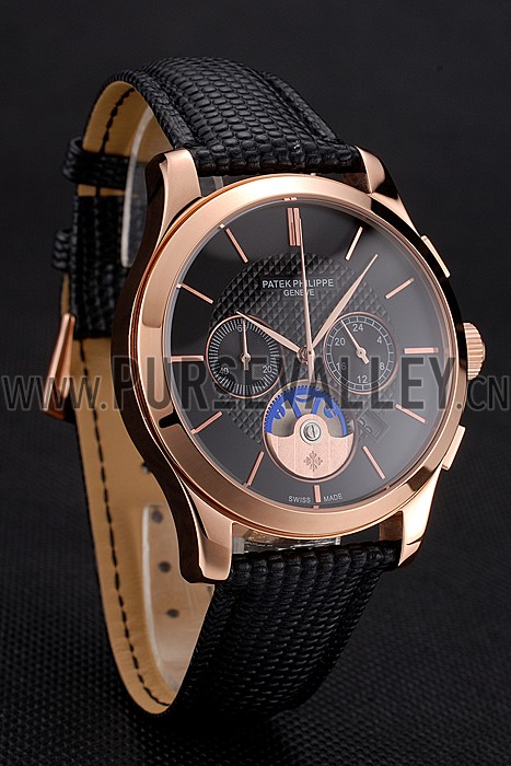 Patek Philippe Chronograph Black Dial Rose Gold Case Black Leather Strap