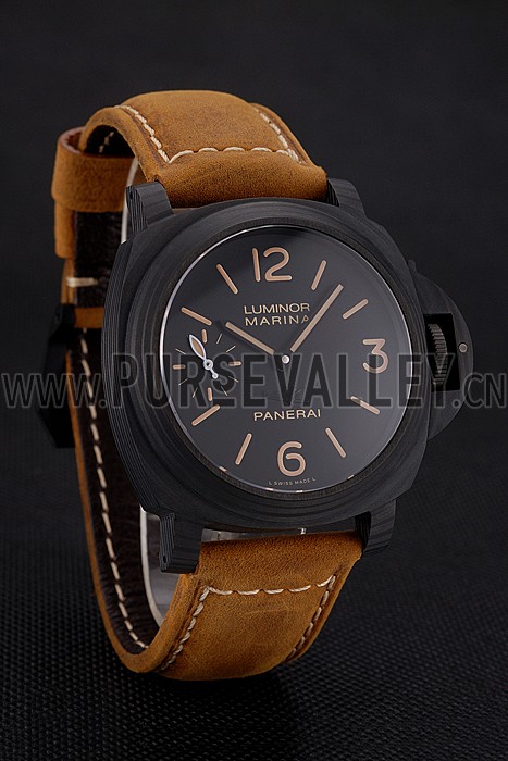 Swiss Panerai Luminor Marina Black Dial Black Case Brown Leather Strap