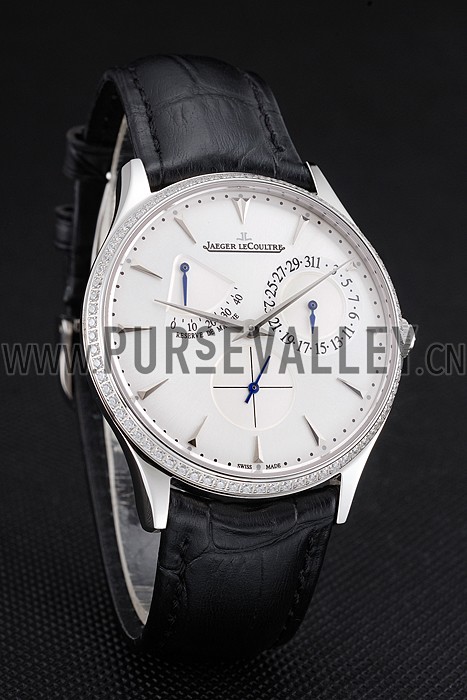 Swiss Jaeger LeCoultre Master Ultra Thin Reserve De Marche White Dial Diamond Bezel Stainless Steel Case Black Leather Strap