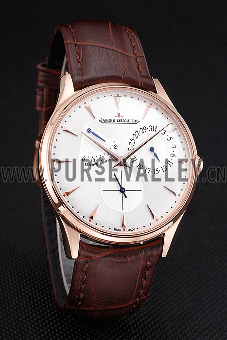 Swiss Jaeger LeCoultre Master Ultra Thin Reserve De Marche Silver Dial Rose Gold Case Brown Leather Strap