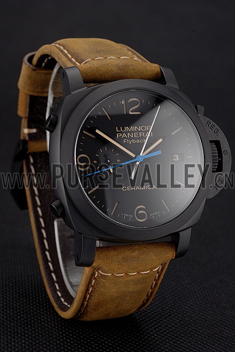 Swiss Panerai Luminor Ceramica Flyback Chronograph Black Dial Black Case Brown Leather Strap