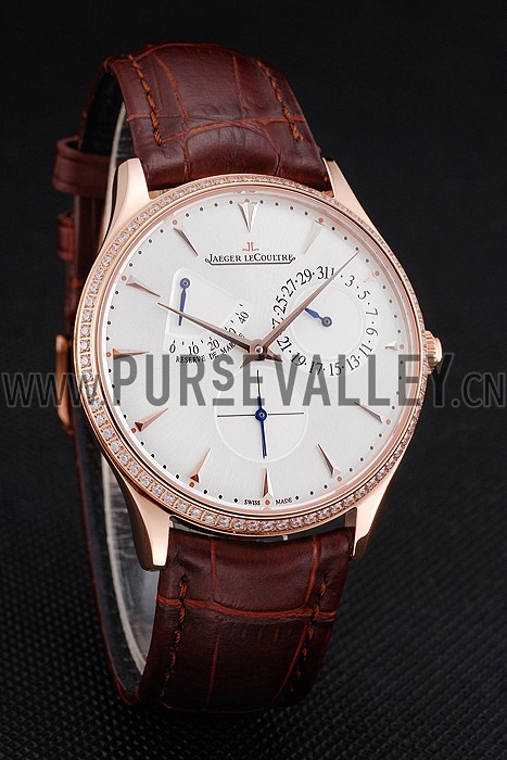 Swiss Jaeger LeCoultre Master Ultra Thin Reserve De Marche Silver Dial Diamond Bezel Rose Gold Case Brown Leather Strap