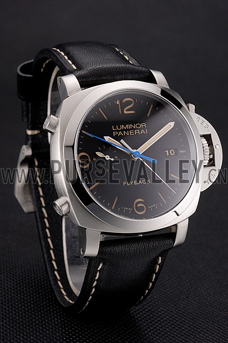 Swiss Panerai Luminor Flyback Chronograph Black Dial Stainless Steel Case Black Leather Strap