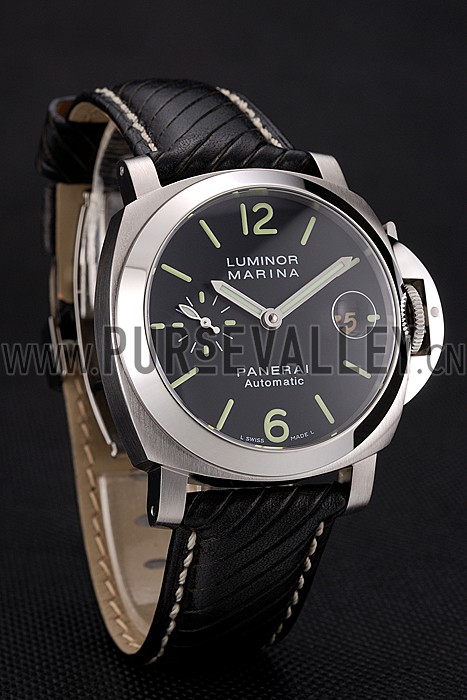Swiss Panerai Luminor Marina Black Dial Stainless Steel Case Black Leather Strap