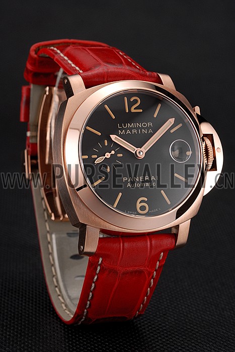 Swiss Panerai Luminor Marina Black Dial Rose Gold Case Red Leather Strap