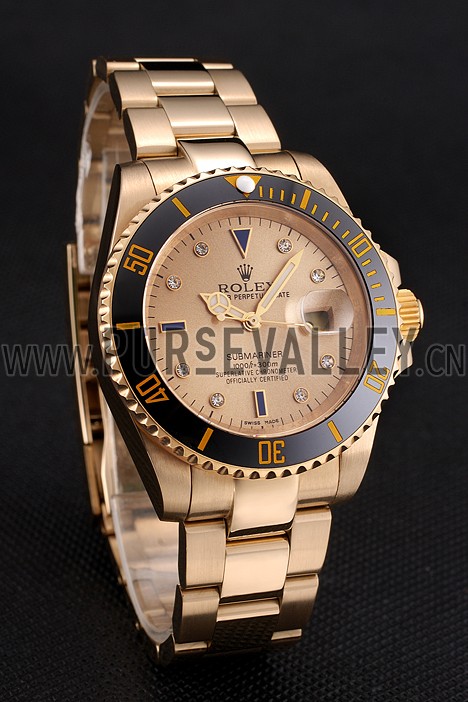 Swiss Rolex Submariner Gold Dial With Diamond Markings Black Bezel Yellow Gold Case And Bracelet