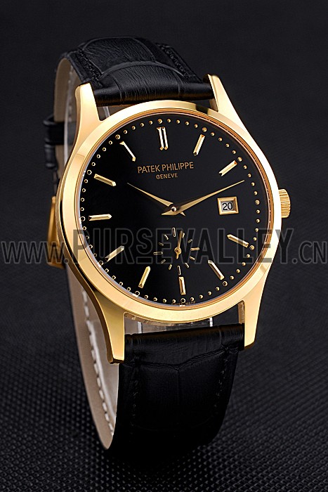 Patek Philippe Calatrava Black Dial Gold Case Black Leather Strap 622845