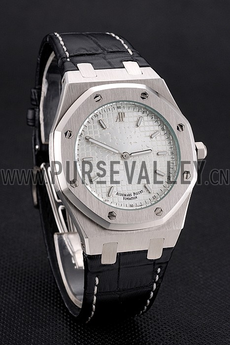 Audemars Piguet Royal Oak Fondation Silver Dial Stainless Steel Case Black Leather Strap