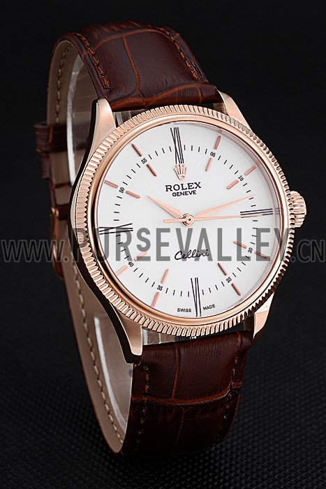 Swiss Rolex Cellini Time Gold Case White Dial Brown Leather Bracelet 622655